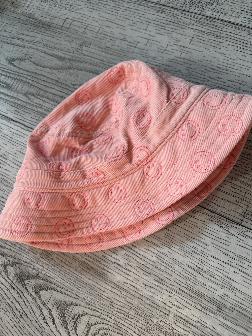 American Eagle Outfitters Pink Corduroy Bucket Hat with Smiley Embroidery